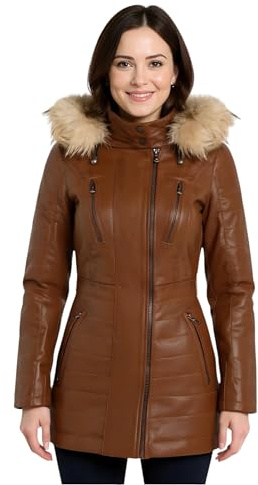 Women’s Leather Parka Jacket – Quilted Slim Fit Trench Coat with Detachable Fur-Lined Hood & Zip Pockets