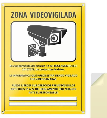 Cartel Cámara de Vigilancia PACK 1 - Zona Videovigilada Homologado RGPD - Aluminio 20x15 cm - Placa Seguridad Interior Exterior Resistente