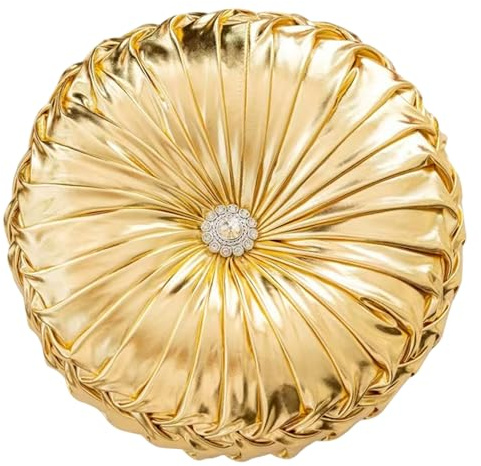 Joygoodta Goldfarbene Dekokissen, 35, 6 cm, Plissiertes rundes Kürbis-Kissen mit Rauten-Gold-Dekor für Wohnzimmer, Sofa, Schlafzimmer, Zuhause, Kürbis-Kissen