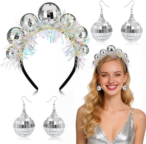 Kuvarix Discokugel Accessoires, 1 Discokugel Haarreif 2 Paar Discokugel Ohrringe, Disco Kostüm Damen für Mottopartys der 70er 80er Jahre, Silvester, Karneval, Weihnachten