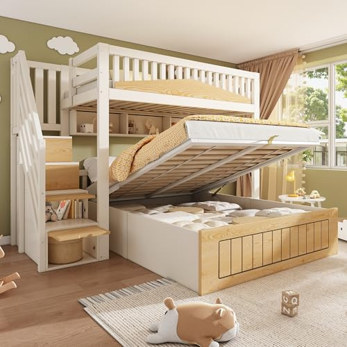 Dolamaní Etagenbett 2 Betten 90x200 & 140x200 cm, Hochbett mit Stauraum Treppe und Rausfallschutz, Untere Ebene mit hydraulischem Stauraumbett, Familienbett, ohne Matratze (Weiß + Natur C)