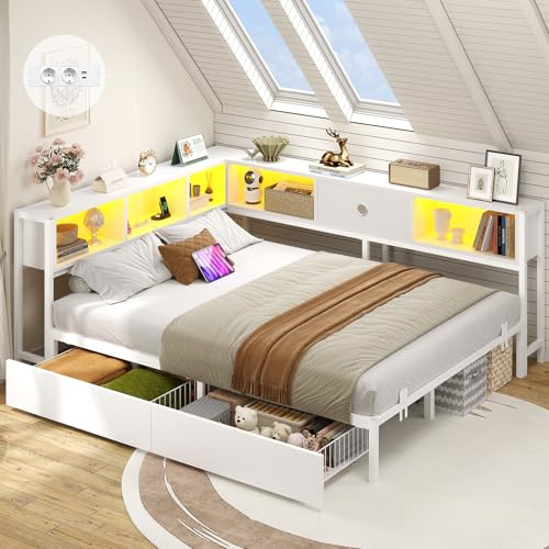 DICTAC Canapé Lit 140x190 avec Rangement, Éclairage LED et Prise - Lit 2 Places avec Sommier en Métal, 5 Compartiments et 2 Tiroirs-Cadre de Lit Double pour Enfant, Adulte, Ados et Invité(Blanc)