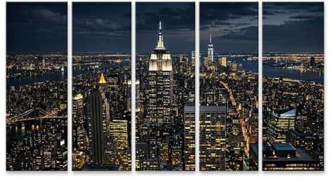 islandburner Bild auf Leinwand Beleuchtete Skyline von New York City bei Nacht als Wandbild - 5-teilig XXL