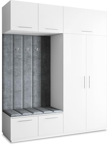 Masseno Flugarderoben Set Rema, Kleiderschrank-Set mit Sitzbank, Garderobenschrank Flur mit 5 Regalböden, Weiß