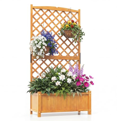 HOMASIS Fioriera con Grigliato per Piante Rampicanti, Vaso Rettangolare in Legno, Fioriera con Spalliera da Esterno, Balcone, Giardino, Cortile, 90 x 44,5 x 180,5 cm (Chiaro)