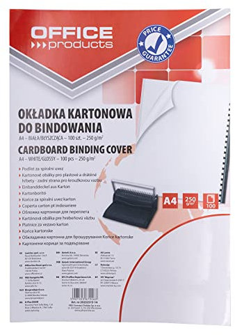 OFFICE PRODUCTS 20232515-14 Deckblätter Einbanddeckel zum Binden/ 100 Stück/Weiß Karton Glänzend/Hartkarton Kartondeckel/DIN A4 / Stärke 250 Mikron/für Plastikbindung und Drahtbindung