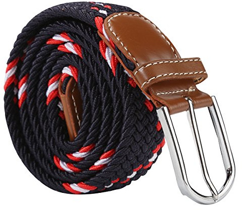XJSGS Mens Belt,Elasticated belt, Elastic Belt for Men, Unisex Men Women Multicolor Woven Stretch Belts (Navy Blue&Red&White)