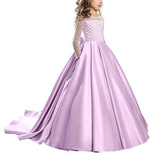 FYMNSI Ragazza Abito Lungo da Sera Damigella d'Onore da Sposa Manica Lunga Bambini Prima Comunione Festa di Compleanno Cerimonia Eleganti Principessa Partito Maxi Vestito Formale Viola 4-5 Anni