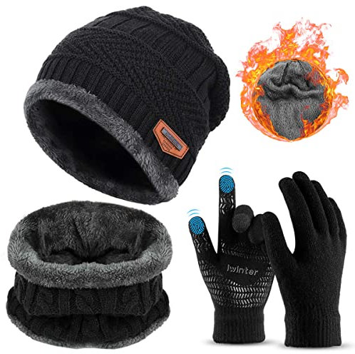 3 Pieces Winter Beanie Hat Scarf Set and Touch Screen Gloves Warm Thick Knit Fleece Lined Skull Cap Gifts for Men Women