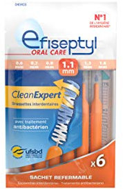 Efiseptyl - Brossettes Interdentaires Clean Expert 1,1mm - Sachet Refermable - Avec Traitement Antibactérien - Sachet de 6 Brossettes