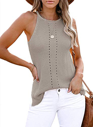 Uusollecy Tank Top Damen Sommer Neckholder Ärmellose Stricktop, Racerback Rundhals Basic Stricken Sommertop Oberteile, Grau XL