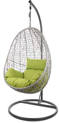 Kideo Komplettset: Hängesessel mit Gestell & Kissen, Lounge-Möbel, Poly-Rattan (Gestell- und Korbfarbe: grau, Kissen: grün Nest (6068 Apple Green))