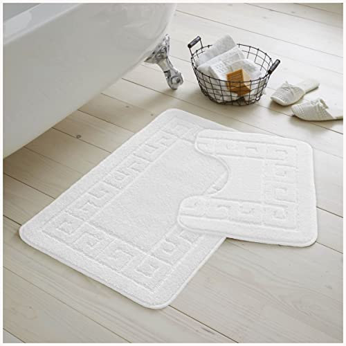 GC GAVENO CAVAILIA 2 Piece Washable Bathroom Mat, Extra Absorbent Anti Slip Bath Mats, Super Soft Toilet Rugs Set, White, (50 x 80, 50 x 40 cm)