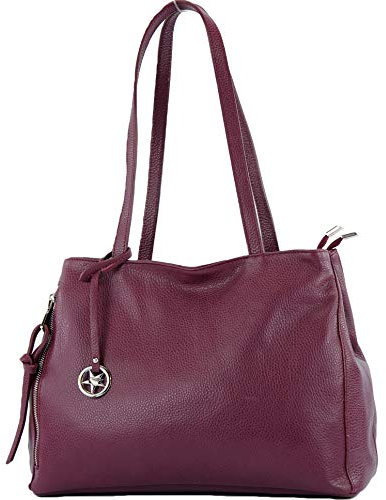modamoda de T205 Damen Leder Schultertasche Shopper Henkeltasche handmade in Italy, Farbe:Bordeauxviolett