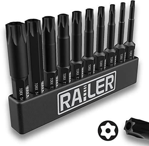 Railer Tamper Proof TORX Bit Set - Premium S2 Steel 6 Point Security Screwdriver Bit Set with a Bitrail - Precision CNC Machined 10PC 2 Star Bits Set (T8, T9, T10, T15, T20, T25, T27, T30, T40, T45)