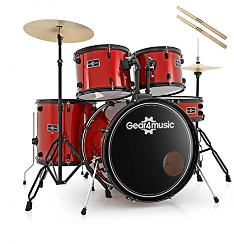 Red Acoustic Drum Kit BDK1 by Gear4music Full Size Complete Starter Drum Set with Stool and Sticks