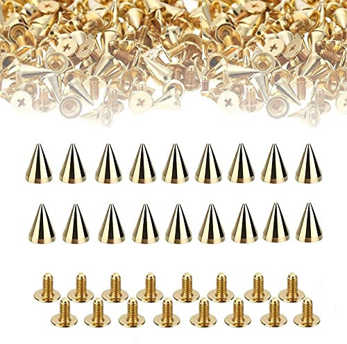 100 Stück Gold Punk Nieten Set Metall Punk Spikes Spitznieten DIY Handwerk Nieten zum Dekorieren von Lederband Taschen Schuhen Mäntel Armbänder Handschuhe Kleidung Choker 7 x 10mm