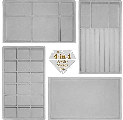 LucyStudio Vassoi per Gioielli Organizer in Velluto 4 in 1 Vassoi portaoggetti Impilabili Grigio Organizzatore per Cassetti per Bracciali Orecchini Bracciali Anelli Espositore