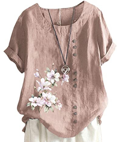 Tomwell Blouses Chemisier décontracté à Manches Courtes pour Femmes Couleur Unie Élégant T-Shirt à col en V avec Boutons Tops Chemise Basique Ample Z Rose XL