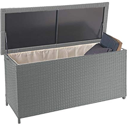 Mendler Poly-Rattan Kissenbox HWC-D88AM, Gartentruhe Auflagenbox Truhe Premium, 63x135x52cm 320l - grau