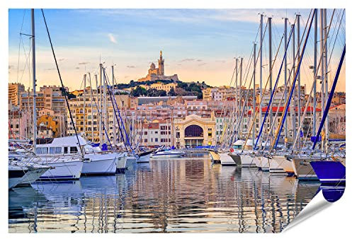 islandburner Poster XXL - Yachts se reflètent dans l'eau silencieuse de l'ancien Vieux Port Marseille - Impression photo de qualité supérieure