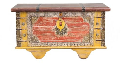 Oriental Galerie Shabby Chic Holztruhe mit Messingbeschlag Schatztruhe mit Rollen Truhe Kiste Box Holz Indien Massiv Antik-Optik Gelb Braun 80 cm