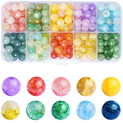 FINEASY 250 Piezas 8mm Cuentas de Vidrio Craquelado, Abalorios para Hacer Pulseras, Piedras Naturales 10 colores, Cristales para Manualidades Pulseras Collares