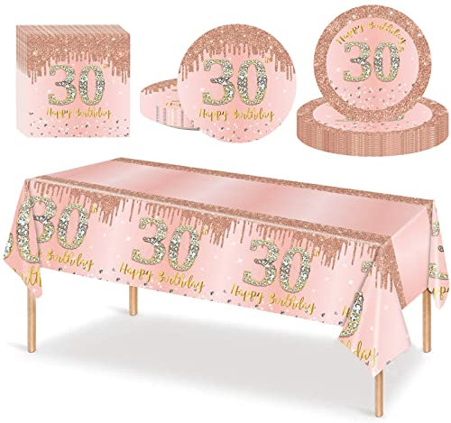 53Pcs Rose Gold Happy 30th Birthday Party Tableware Plastic Table Cloth,7,9inch Paper Plates,Napkins for Her Birthday Table Decorations Disposable Party Tableware Set for Women Adults Birthday Party
