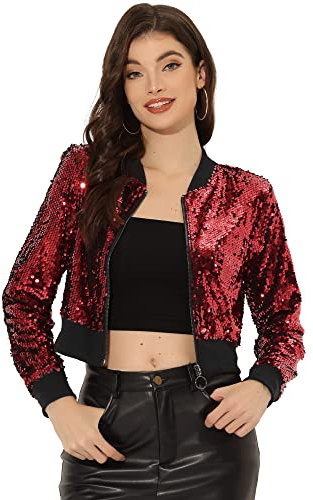 Allegra K Damen Pailletten Jacke Langarm Reißverschluss Crop Glitzer Sequin Bomberjacke Rot-A L