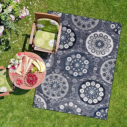CAMILSON Teppich für drinnen und draußen, 20,3 x 25,4 cm, Bohemian-Medaillon, Blumenbereich, Teppiche für Innen- und Außenbereich, leicht zu reinigen, fusselfrei, für Wohnzimmer, Garten und Küche