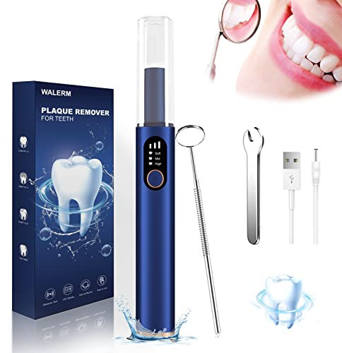 WALERM Plaque Remover for Teeth, Teeth Cleaning Plaque Removal with Light & Mirror, 3 Modes Rechargeable Teeth Cleaning Kit, IPX7 Waterproof/4 Heads for Home Use