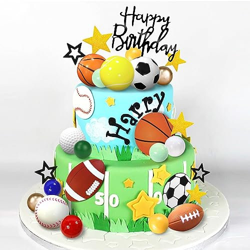 37 PCS Sports Cake Toppers with Soccer, Football, Baseball, Basketball, Tennis, Golf for Boys & Men Sports Theme Birthday Party Supplies
