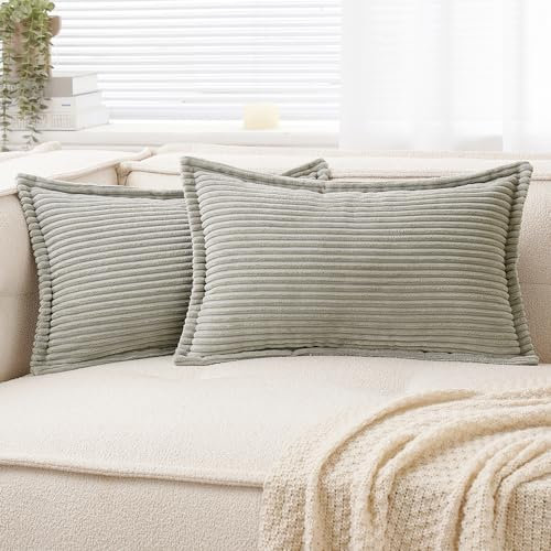 EMEMA Kordsamt Kissenbezug Weiche Kissenhülle Dekorative Sofakissen 30x50 cm 2er Set Dekokissen Moderne Zierkissenbezug Gestreifte Kissenbezüge für Wohnzimmer Schlafzimmer Hellgrau