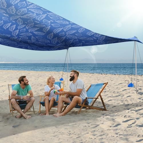 UMARDOO Familien-Strandzelt, Sonnenschutz, tragbar, groß, kompakt, Strand-Sonnenschutz, einfacher Aufbau mit verstaubarer Tasche für Outdoor-Reisen (blau, bedruckt, 3 x 3 m, 4 Stangen)
