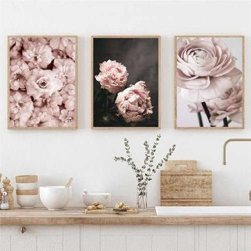 YLHKME Tableau Modernes Roses Élégants Plantes Fleurs,Affiche Toile Tableau Decoration Murale Salon,pour Chambre Cuisine Bureau, Deco Maison, sans Cadre (Frameless,3X30X40CM)