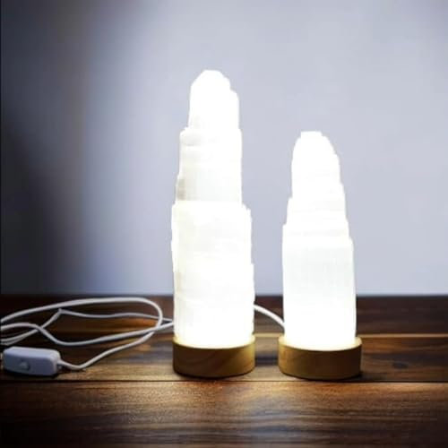 Handgefertigte USB-LED-Weißlicht-Selenit-Kristalllampe mit Holzsockel: Natürliche Energie, Heilung, Klarheit, Meditation, Dekoration (20 zentimeter)