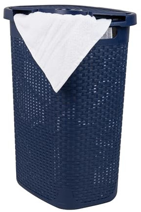 Mind Reader 60L Slim Laundry Hamper, Clothes Basket, Lid, Wicker Design, Plastic, 17.65L x 13.75W x 24.15H, Navy