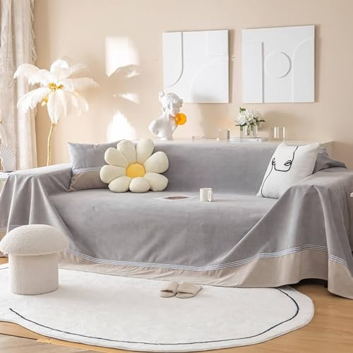 Epinki Couchbezug, 200x400CM Ecksofa Bezug Abnehmbar Zweifarbig mit Gestreifter Rand Muster, Superweiche Sesselbezug aus Polyester für Wohnzimmer, Grau