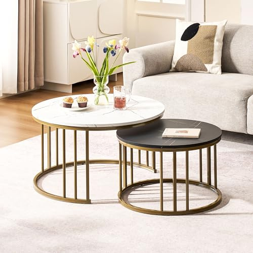 CLIPOP 2er Set Couchtisch rund, Marmoreffekt, Metallrahmen, Schwarz+Weiß | 70×70×45 cm + 50×50×38 cm, stapelbar, platzsparend, für Wohnzimmer, modernes Design, stabil