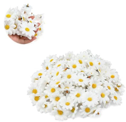 WJUAN 200 Flores Artificiales Margaritas - Decoración con Tallo Hueco (Núcleo Amarillo) para Guirnaldas, Bodas, Mesa, Accesorios de Pelo y DIY