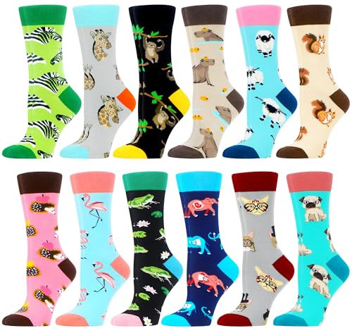 WeciBor Damen Lustige Bunte Socken, 12 Paar Mehrfarbig Tiermotiv, Größe 39-42