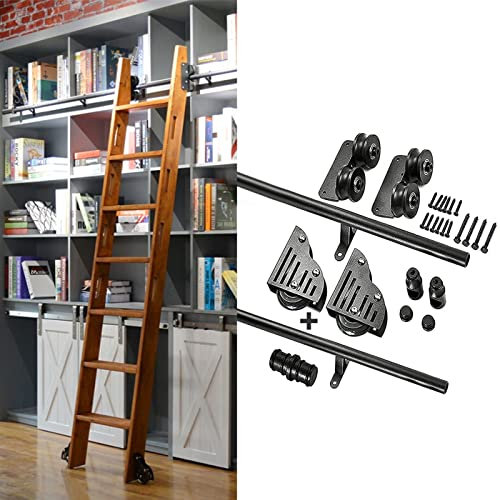 AYVADA Bibliothek für Rollleiter-Hardware, Schiebeleiter-Hardware-Kit, 3,3 bis 20 Fuß Lange, runde Stahlrohr-Mobilleiterschienen (ohne Leiter), mit Bodenrollen (Größe: 3,3 Fuß/100 cm Schienen-Kit)