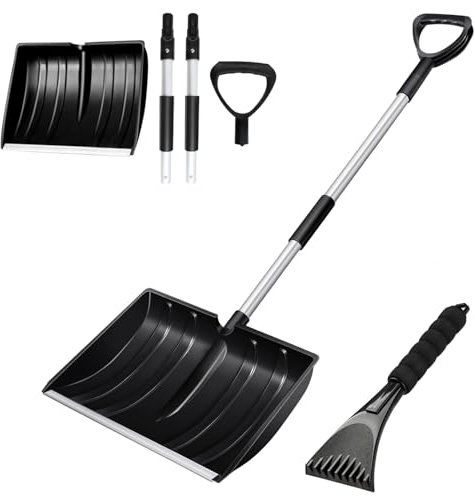 Hmfmdy Snow Shovel for Car Driveway Home Garage, Heavy Duty Snow Remover Snow Pusher, Adjustable Long Handle Detachable Large Capacity Snow Removal Tool for Garden Camping Outdoor - Black