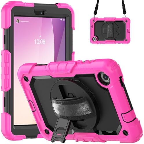 Heavy Duty Shockproof Case for Lenovo Tab M8 4th Gen TB301FU/TB300XU/TB300FU 8 2024/2023 Kids Case,Rugged Dropproof Protective Cover W Screen Protector+Rotating Stand+Handle+Strap(Rose Red)