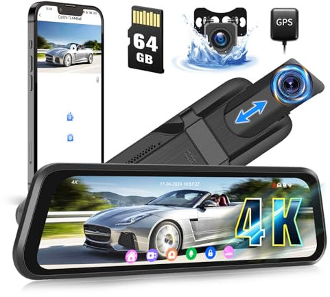 CAMECHO 4K WiFi Mirror Dash Cam, 9.66 IPS Touch Screen Rear View Mirror Camera Included 64GB Card & GPS, BSD & LCA, Dual Dash Cam Front and Rear Camera, HDR, Night Vision, G-Sensor, Loop Recording