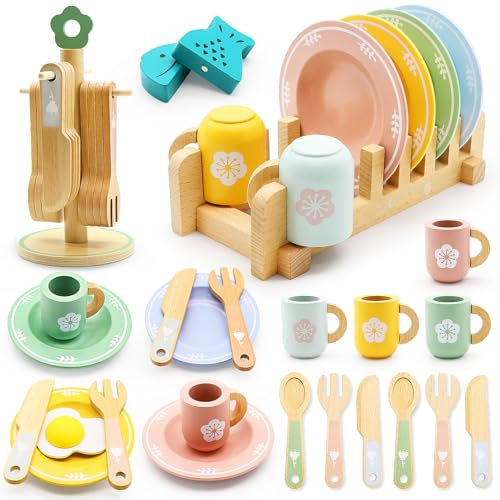 Wooden Tea Set for Toddlers 24 PCS Wooden Kitchen Playset with Plates Cups Cutlery Accessories for Kids Pretend Play Toy Kitchen Set for Boys Girls Age 3+ Kitchen Role Play Toy