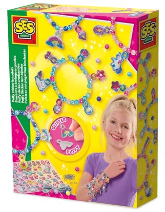 SES Creative 14747 Puffy Sticker-Armbänder - Kreatives Bastelset für Kinder ab 5 Jahren - Mache Armbänder mit Stickern und Perlen - Perfekt für Schmuckkreationen