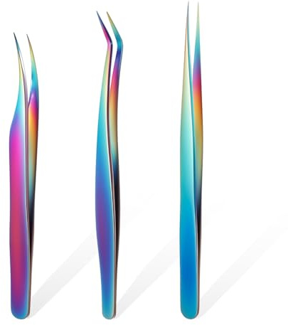 TIESOME 3 Stück Edelstahl Wimpern Pinzette Set Wimpernpinzetten | Gebogene und Gerade Professionelle Wimpernverlängerung Pinzette Präzisionspinzette für Wimpern Bunt