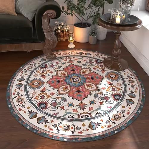 Tospass Vintage Boho Rund Teppich Waschbarer Wohnzimmer Orientalischer Stil Sofa Teppich Kurzflor Couchtischmatte, Bunter Muster Rutschfester Carpet für Schlafzimmer. 80 cm