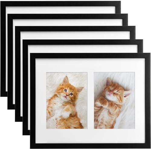bomoe 5x Bilderrahmen Collage für 2 Fotos aus Holz mit Passepartout | 9x13cm Schwarz Kunststoffglas Metall-Aufhängung Fotorahmen für Set Multirahmen Fotocollage Wand mehrere Galeria